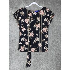 Apt 9 Top Womens Size Large Black Pink Dark Floral Short Sleeve Keyhole Tie Back